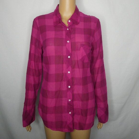 Splendid Long Sleeve Button Up Plaid Shirt Pink Medium 100% Cotton Lightweight - Picture 1 of 11